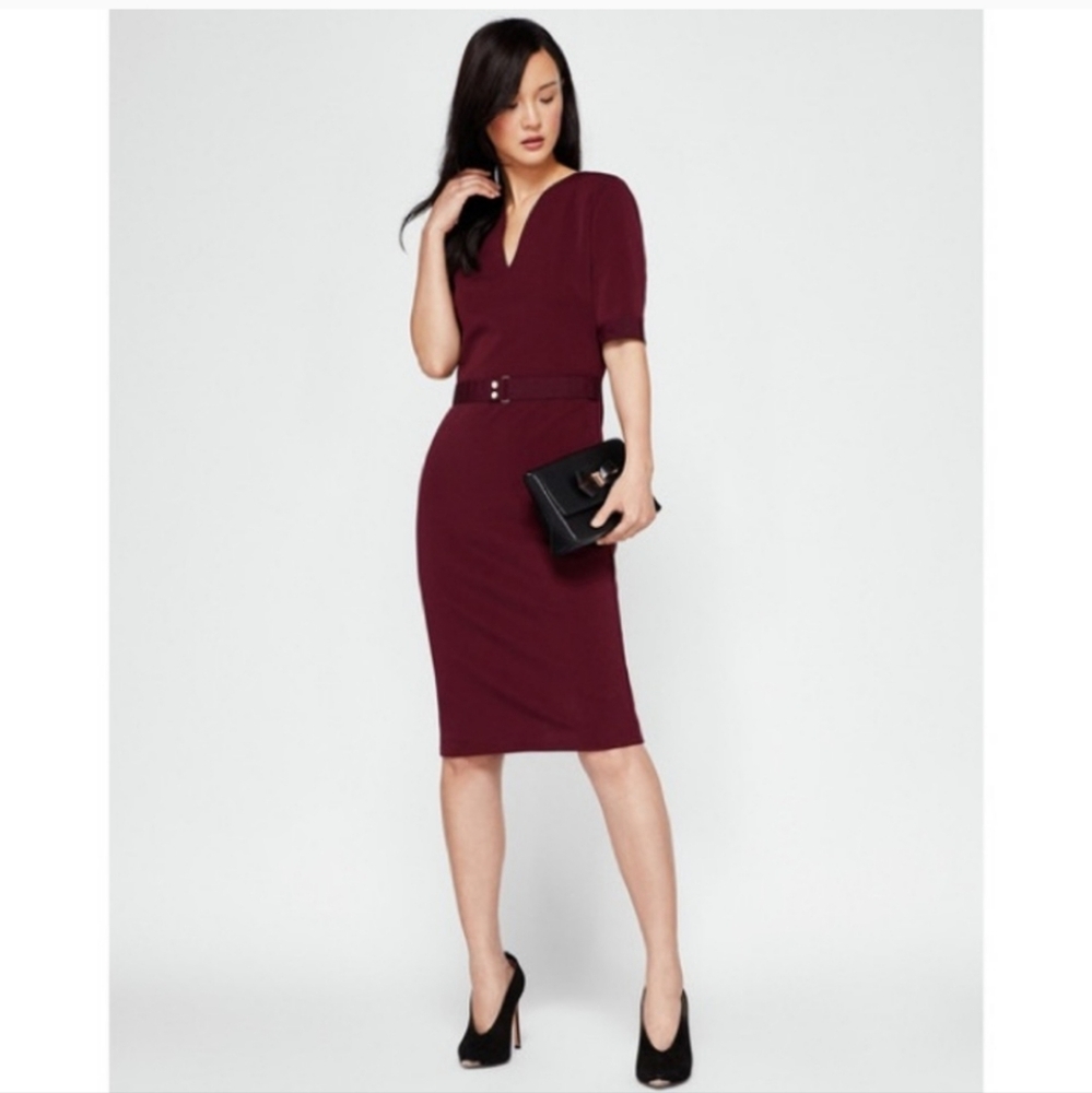 Ted Baker Burgundy Sheath Belted Knee-Length Dress